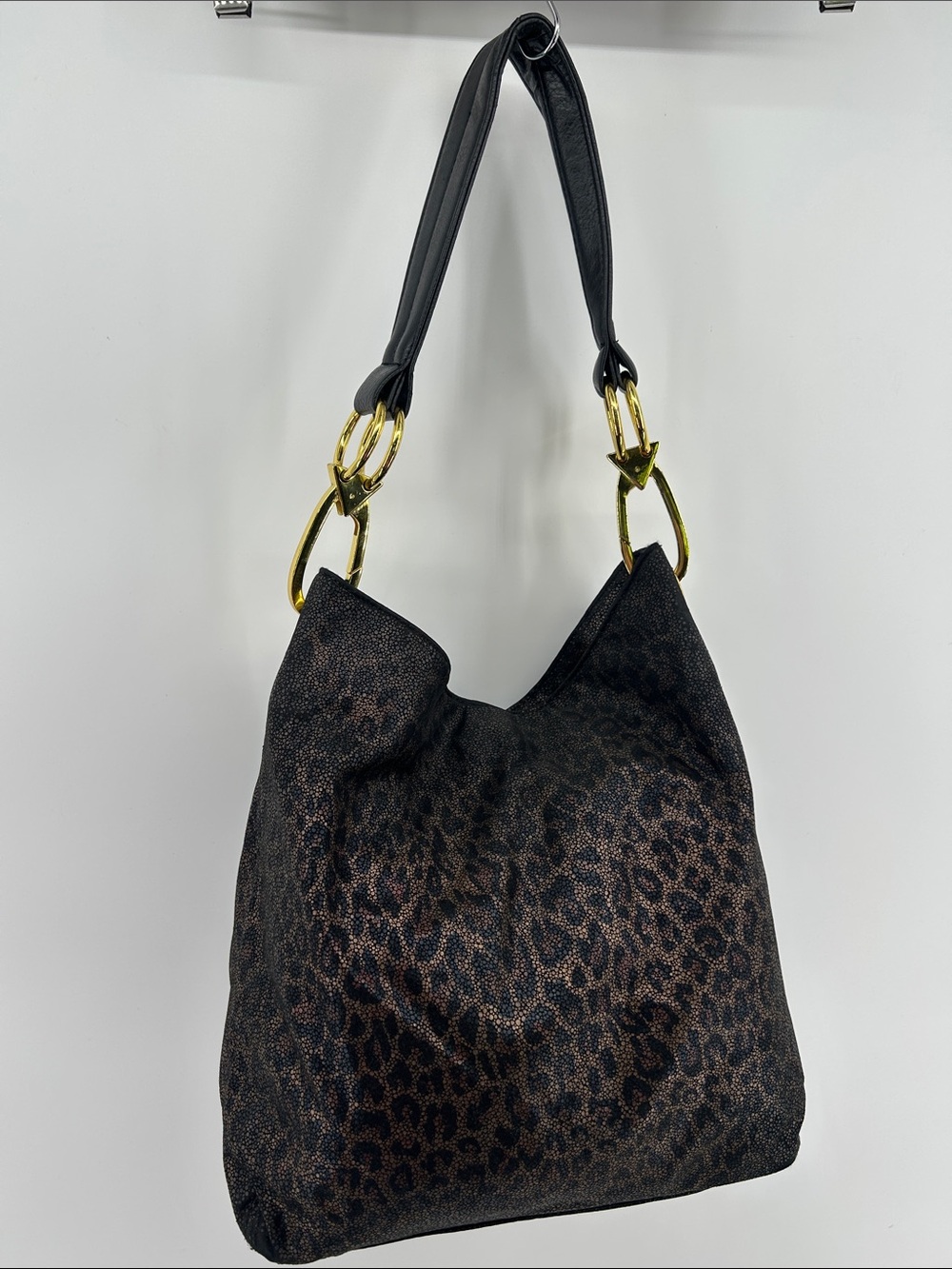 Braciano Women's Leopard Print Hobo Bag Gold Hardware Black/Brown lightweight